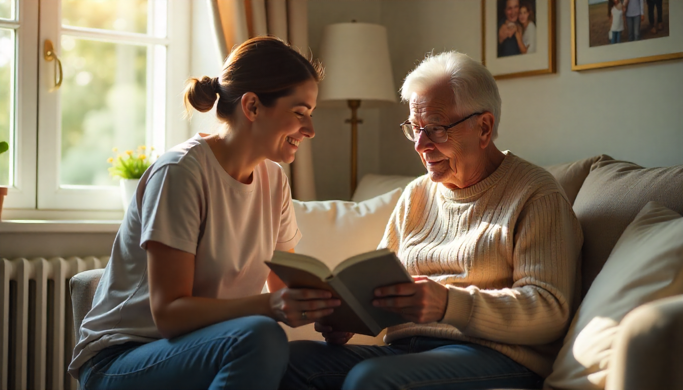 Caregiver reading with senior